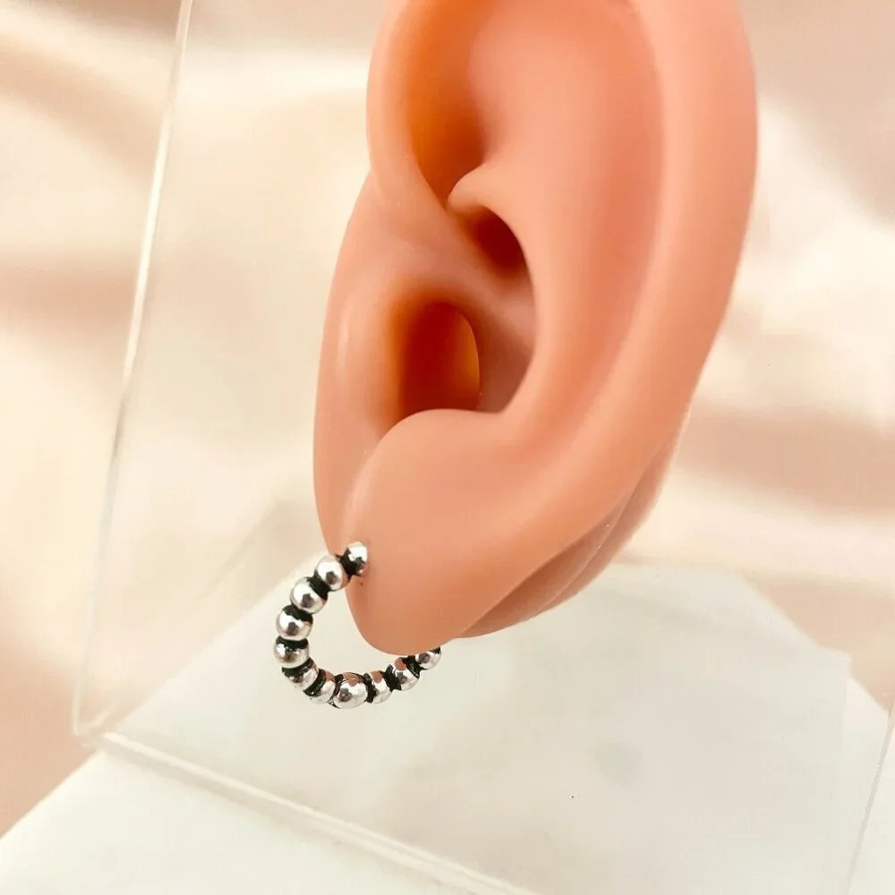 925 Sterling Silver Small Hoop Earrings Bead Earrings 14 mm Small Hoops - Picture 3 of 4